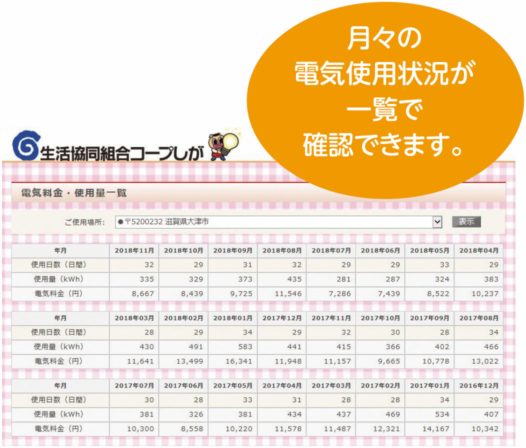 生活協同組合コープしが コープでんき ホームページで電気の使用量 料金を確認
